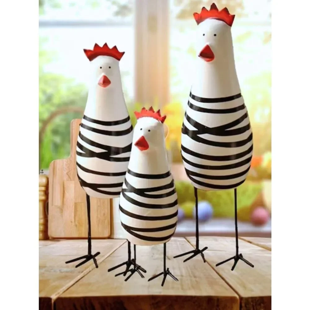 NWT Modern Cottagecore Hand-Painted Blk & Wht Wire Leg Chicken Figurine